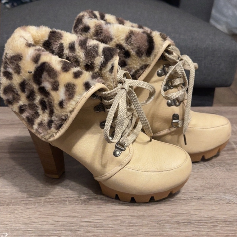 Leopard Print Fur Lined Ankle Boots